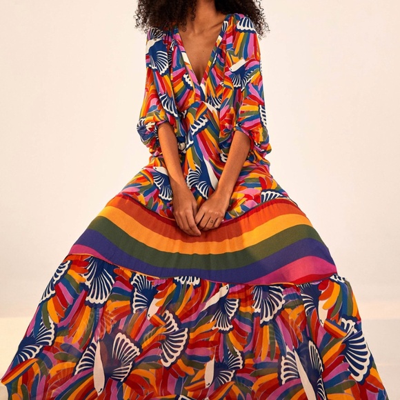 FARM Rio Toucan Relaxed Multicolor Resort Maxi Dress with Bishop Sleeves Small - Picture 1 of 16